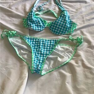 Blue and Green Gingham Two-Piece Swim Set